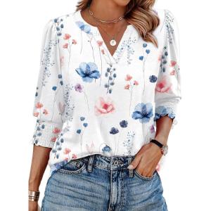 image:imageXIEERDUO Blouses for Women Dressy Casual 34 Length Sleeve Womens Tops V Neck T Shirts with Smocked CuffsJwhite Blue Floral