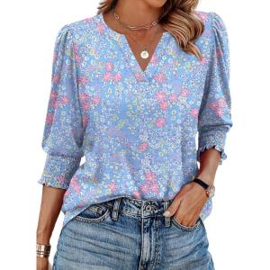 image:imageXIEERDUO Blouses for Women Dressy Casual 34 Length Sleeve Womens Tops V Neck T Shirts with Smocked CuffsKblue Floral