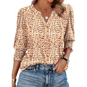 image:imageXIEERDUO Blouses for Women Dressy Casual 34 Length Sleeve Womens Tops V Neck T Shirts with Smocked CuffsLpink Orange Print