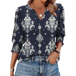 image:imageXIEERDUO Blouses for Women Dressy Casual 34 Length Sleeve Womens Tops V Neck T Shirts with Smocked CuffsMnavy Blue Pattern