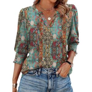 image:imageXIEERDUO Blouses for Women Dressy Casual 34 Length Sleeve Womens Tops V Neck T Shirts with Smocked CuffsOblue Print