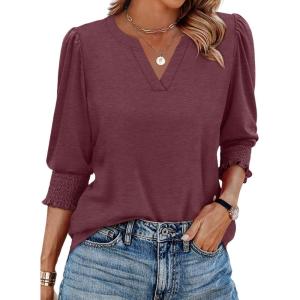 image:imageXIEERDUO Blouses for Women Dressy Casual 34 Length Sleeve Womens Tops V Neck T Shirts with Smocked CuffsPburgundy