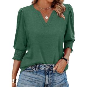 image:imageXIEERDUO Blouses for Women Dressy Casual 34 Length Sleeve Womens Tops V Neck T Shirts with Smocked CuffsQdark Green