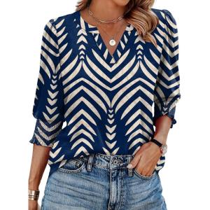 image:imageXIEERDUO Blouses for Women Dressy Casual 34 Length Sleeve Womens Tops V Neck T Shirts with Smocked CuffsRnavy Blue Stripes