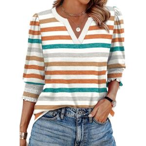 image:imageXIEERDUO Blouses for Women Dressy Casual 34 Length Sleeve Womens Tops V Neck T Shirts with Smocked CuffsSorange Stripes