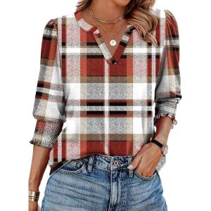 image:imageXIEERDUO Blouses for Women Dressy Casual 34 Length Sleeve Womens Tops V Neck T Shirts with Smocked CuffsTred Plaid