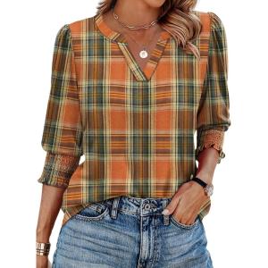 image:imageXIEERDUO Blouses for Women Dressy Casual 34 Length Sleeve Womens Tops V Neck T Shirts with Smocked CuffsUorange Plaid