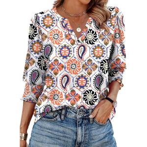 image:imageXIEERDUO Blouses for Women Dressy Casual 34 Length Sleeve Womens Tops V Neck T Shirts with Smocked CuffsVcolorful Print