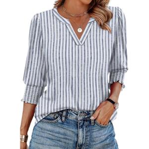 image:imageXIEERDUO Blouses for Women Dressy Casual 34 Length Sleeve Womens Tops V Neck T Shirts with Smocked CuffsWblue Stripes