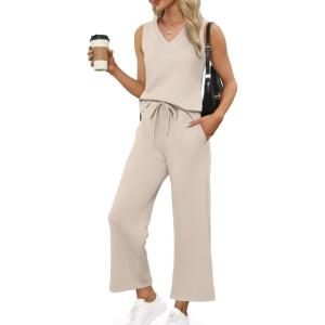 image:imageXIEERDUO Two Piece Sets for Women Summer Vacation Travel Outfits V Neck Lounge Matching SetsBeige