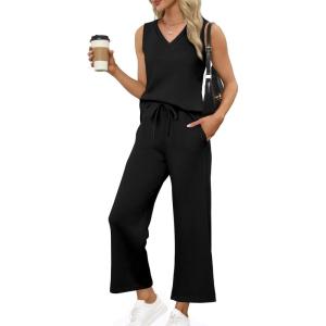 image:imageXIEERDUO Two Piece Sets for Women Summer Vacation Travel Outfits V Neck Lounge Matching SetsBlack