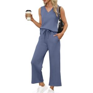 image:imageXIEERDUO Two Piece Sets for Women Summer Vacation Travel Outfits V Neck Lounge Matching SetsDusty Blue
