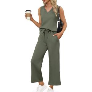 image:imageXIEERDUO Two Piece Sets for Women Summer Vacation Travel Outfits V Neck Lounge Matching SetsOlive Green