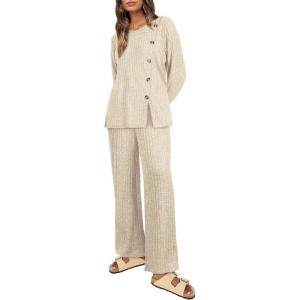 image:imageXIEERDUO Womens 2 Piece Outfits 2023 Sweater Knit Lounge Pajamas Sets Long Sleeve with Buttons Side Tops and Wide Legs PantsApricot