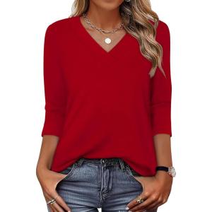image:imageXIEERDUO 34 Length Sleeve Womens Tops V Neck T Shirts Summer Clothes Basic Blouses Dressy Casual 2026 Spring OutfitsRed
