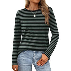 image:imageXIEERDUO Long Sleeve Shirts for Women Casual Crew Neck Basic Fall Tops Loose Fit ComfyStriped Green