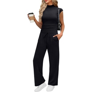 image:imageXIEERDUO Two Piece Lounge Sets for Women Mock Neck Cap Sleeve Tops Wide Leg Casual Pants Summer Beach Vacation Travel OutfitBlack