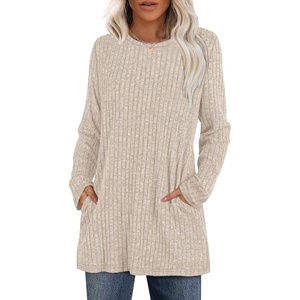 image:imageXIEERDUO Long Sleeve Shirts for Women Crewneck Tunic Tops Loose Fit Dressy Womens Sweaters with Pockets Fall Fashion 2025Apricot