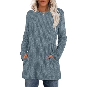 image:imageXIEERDUO Long Sleeve Shirts for Women Crewneck Tunic Tops Loose Fit Dressy Womens Sweaters with Pockets Fall Fashion 2025Blue