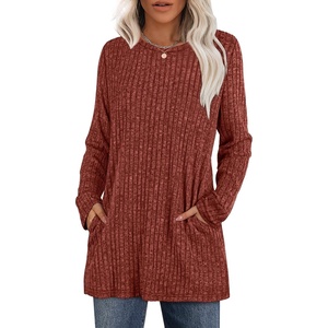 image:imageXIEERDUO Long Sleeve Shirts for Women Crewneck Tunic Tops Loose Fit Dressy Womens Sweaters with Pockets Fall Fashion 2025Caramel