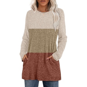 image:imageXIEERDUO Long Sleeve Shirts for Women Crewneck Tunic Tops Loose Fit Dressy Womens Sweaters with Pockets Fall Fashion 2025Colorblockapricot