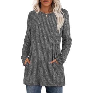 image:imageXIEERDUO Long Sleeve Shirts for Women Crewneck Tunic Tops Loose Fit Dressy Womens Sweaters with Pockets Fall Fashion 2025Dark Gray