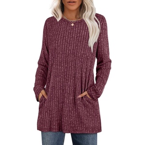 image:imageXIEERDUO Long Sleeve Shirts for Women Crewneck Tunic Tops Loose Fit Dressy Womens Sweaters with Pockets Fall Fashion 2025Fuchsia