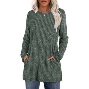 image:imageXIEERDUO Long Sleeve Shirts for Women Crewneck Tunic Tops Loose Fit Dressy Womens Sweaters with Pockets Fall Fashion 2025Green