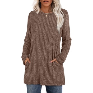 image:imageXIEERDUO Long Sleeve Shirts for Women Crewneck Tunic Tops Loose Fit Dressy Womens Sweaters with Pockets Fall Fashion 2025Khaki