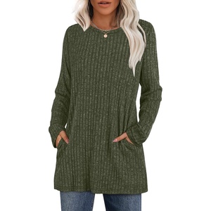 image:imageXIEERDUO Long Sleeve Shirts for Women Crewneck Tunic Tops Loose Fit Dressy Womens Sweaters with Pockets Fall Fashion 2025Olive Army Green