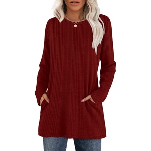 image:imageXIEERDUO Long Sleeve Shirts for Women Crewneck Tunic Tops Loose Fit Dressy Womens Sweaters with Pockets Fall Fashion 2025Red