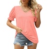 image:imageWomens Tops V Neck Ruffle Puff Sleeve Summer Fashion Casual Loose Fit T Shirts01coral Pink