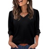 image:imageXIEERDUO 34 Length Sleeve Womens Tops V Neck Blouses with Buttons CasualAblack