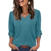 image:imageXIEERDUO 34 Length Sleeve Womens Tops V Neck Blouses with Buttons CasualAblue Green
