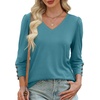 image:imageXIEERDUO 34 Length Sleeve Womens Tops V Neck Blouses with Buttons CasualAblue Green