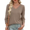 image:imageXIEERDUO 34 Length Sleeve Womens Tops V Neck Blouses with Buttons CasualAkhaki
