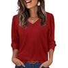 image:imageXIEERDUO 34 Length Sleeve Womens Tops V Neck Blouses with Buttons CasualAred