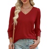 image:imageXIEERDUO 34 Length Sleeve Womens Tops V Neck Blouses with Buttons CasualAred