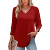 image:imageXIEERDUO 34 Length Sleeve Womens Tops V Neck Blouses with Buttons CasualAred
