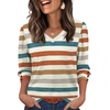 image:imageXIEERDUO 34 Length Sleeve Womens Tops V Neck Blouses with Buttons CasualFcolorful Stripes