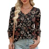 image:imageXIEERDUO 34 Length Sleeve Womens Tops V Neck Blouses with Buttons CasualFdark Floral Leaf