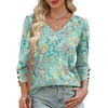 image:imageXIEERDUO 34 Length Sleeve Womens Tops V Neck Blouses with Buttons CasualFpink Green Floral