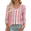 image:imageXIEERDUO 34 Length Sleeve Womens Tops V Neck Blouses with Buttons CasualFred Floral Stripe