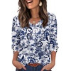 image:imageXIEERDUO 34 Length Sleeve Womens Tops V Neck Blouses with Buttons CasualFwhite Tribal Blue Floral