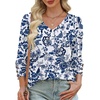 image:imageXIEERDUO 34 Length Sleeve Womens Tops V Neck Blouses with Buttons CasualFwhite Tribal Blue Floral