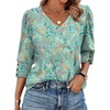 image:imageXIEERDUO 34 Length Sleeve Womens Tops V Neck Blouses with Buttons CasualFpink Green Floral