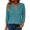 image:imageXIEERDUO 34 Length Sleeve Womens Tops V Neck Pleated Work Blouses Dressy Casual Summer Tops 2025 TrendyBlue Green