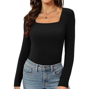 image:imageWomens Long Sleeve Square Neck Tops 2024 Fashion Slim Fit Tees ShirtsBlack