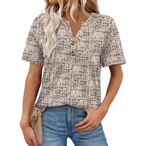 image:imageWomens Short Sleeve Tops Dressy Casual V Neck Oversized Summer Trendy Shirts Business Work BlousesBeige Black Print