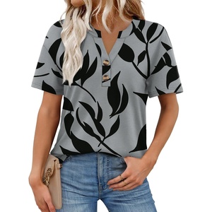 image:imageWomens Short Sleeve Tops Dressy Casual V Neck Oversized Summer Trendy Shirts Business Work BlousesGrey Black Leaves